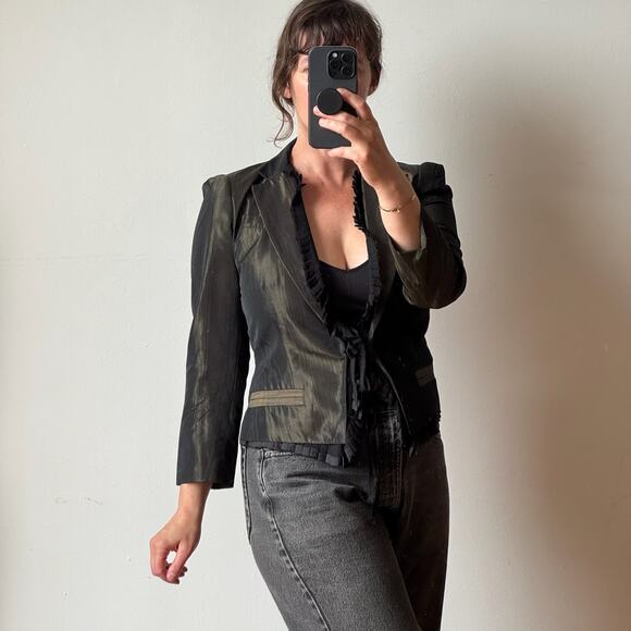 DKNY Shimmery Cropped Blazer with Ruffle Details - Picture 1 of 12